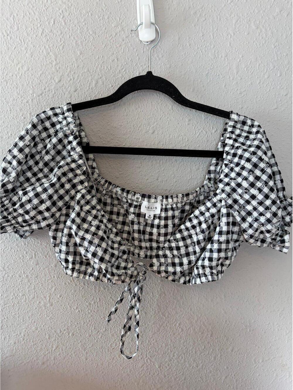 Le Lis gingham eyelet cropped top puff sleeve size M